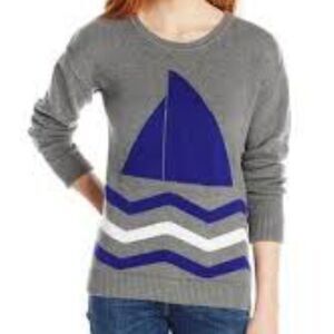 NWT-ERIC + LANI Sweater Women‎ L Gray Blue Sailboat Round Neck Long Sleeves
